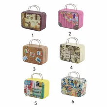 Nuevo Vintage maleta forma Caja de almacenaje para dulces Cable organizador personalizado Cable contenedor Casa de almacenamiento de cajas y contenedores de Favor de la boda de la caja de la lata