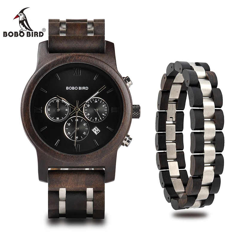 BOBO BIRD Fashion Stylish Men Wood Watches With Bracelet Business Quartz Timepiece Chronograph Stop Watch Best Gift In Box P19-1