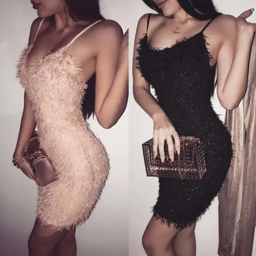 

New Fashion Women Bandage Shiny Sexy Bandage Bodycon Spaghetti Strap Sleeveless Plush Short Mini Dress