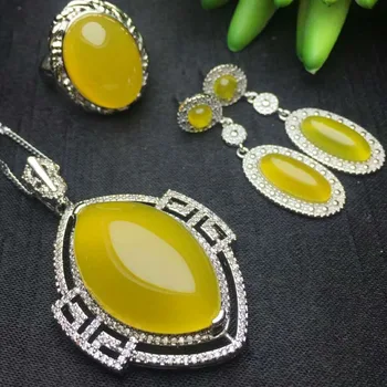 

C38#925 silver inlaid natural chalcedony set, the jade face is clean and translucent