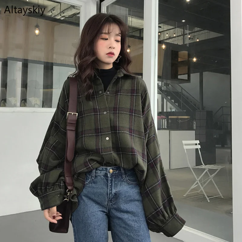 

Wool Women Simple All-match Korean Style Plaid Retro Daily Loose Woolen Warm Blends Womens Trendy High Quality Soft Outerwear