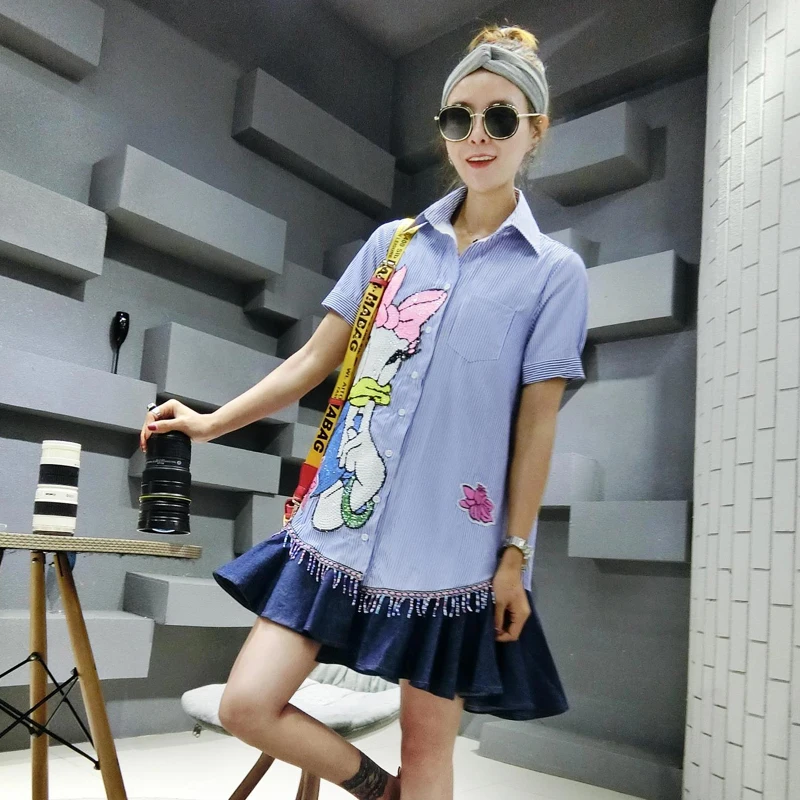 

European station 2018 spring women's long section fake two pieces of tidal brand duck shirt loose thin dress female