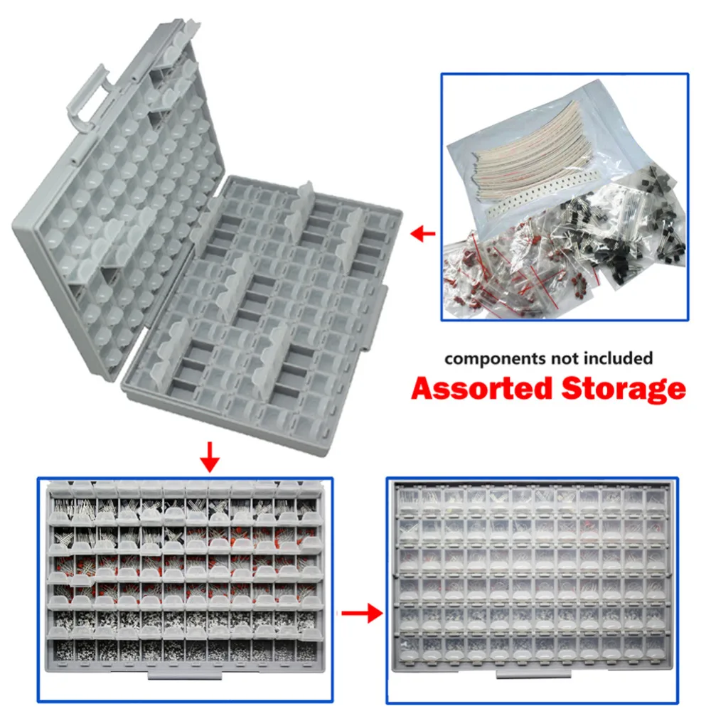 AideTek BOX-ALL-144 구획 SMD 저항기 캐패시터 구슬 보관, 흰색 상자 정리함 플라스틱 도구 상자