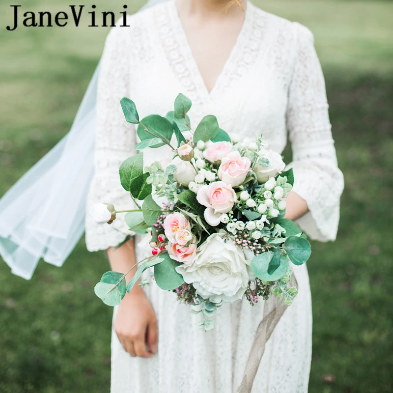 JaneVini Western Bridal Hand Bouquets White Wedding Flowers Boho Fake Bouquet Artificial Pink Silk Roses Bouquet Fleur Mariage