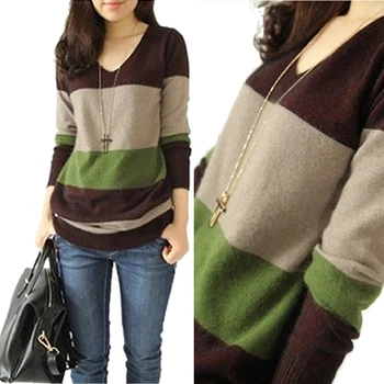 

Women Stitching Cashmere Sweater Casual V-neck Knitted Autumn Winter Striped Pullovers