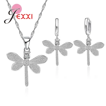 

Charm Pendant Dragonfly Necklaces Earrings Jewelry Set Women Cubic Zircon Bridal 925 Sterling Silver Wedding Jewellery Set