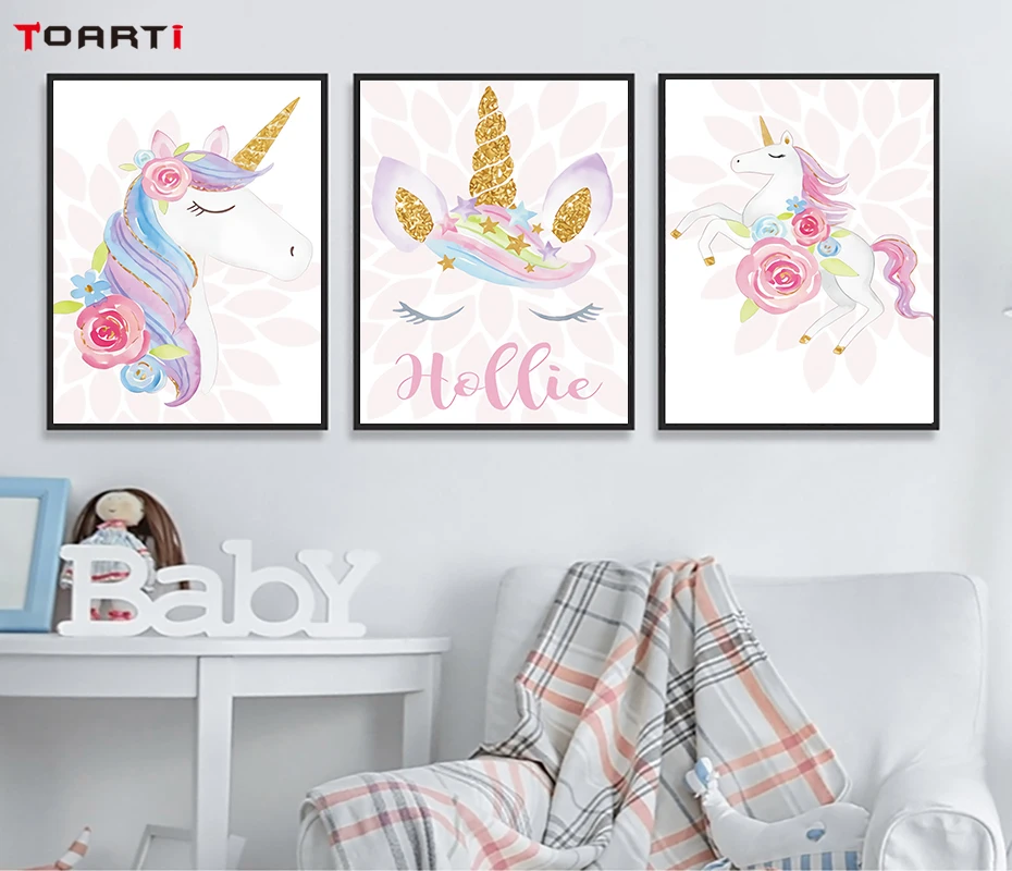 Cartoon Animal Prints Posters Colorful Unicorn Canvas Painting On The Wall Flowers Art Pictures For Kids Nursery Home Decoration (5)