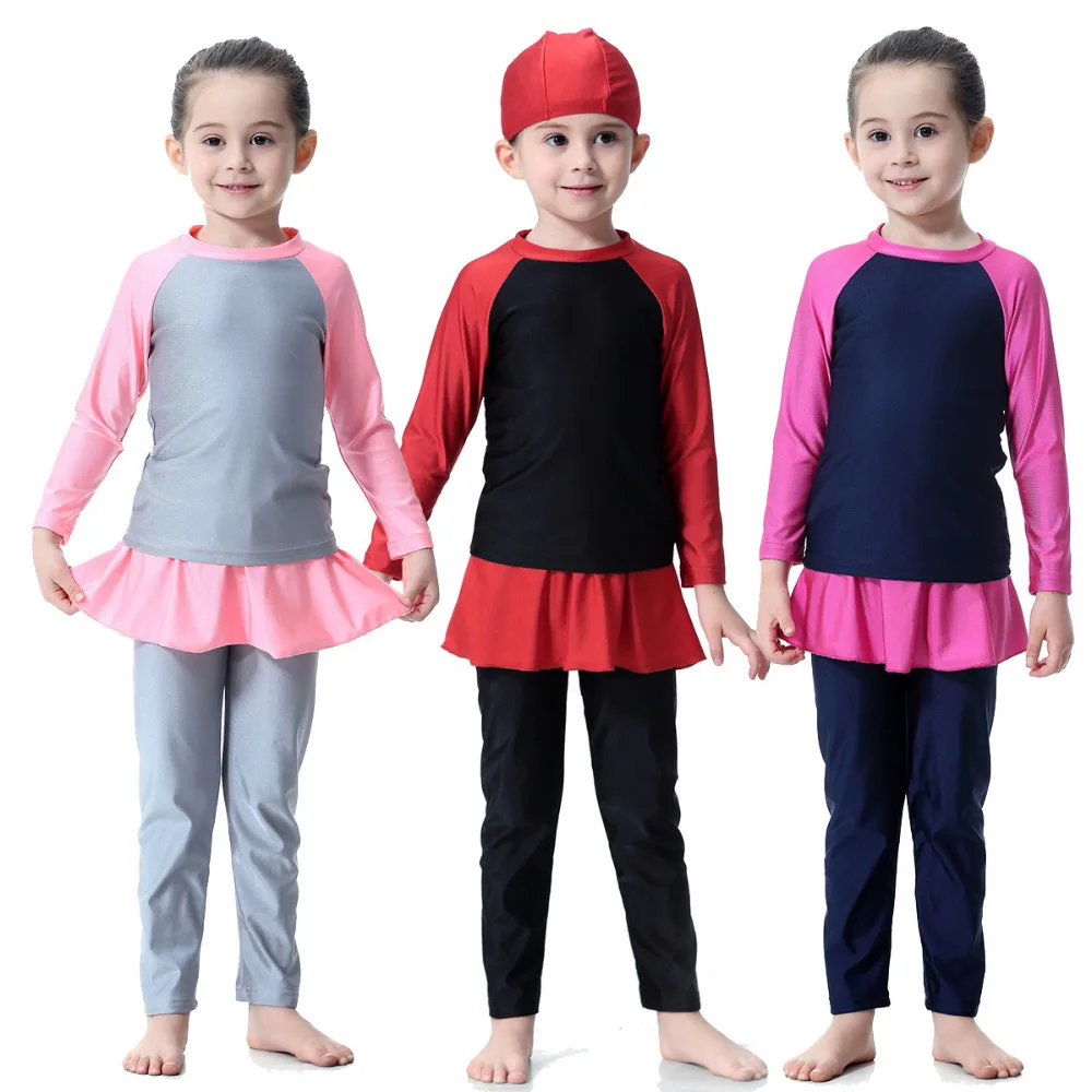

2019 New muslim girl swimwear modest Islamic swimsuit skirted for kids two-piece long sleeve bathing suit children's