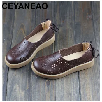 

CEYANEAO Women Shoes Flat Hollow Out Breathable Summer Shoes 100% Authentic Leather Round toe Slip On Flats Female Footwear