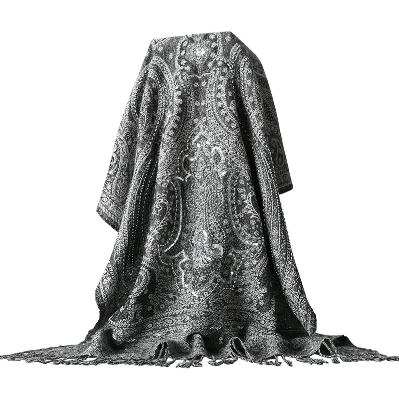 

Smoke Gray Large Women Shawls Scarves Exquisite Handmade Sequins Scarf Wool Warm Tassels Cape Wrap Pashmina Embroidery Muffler