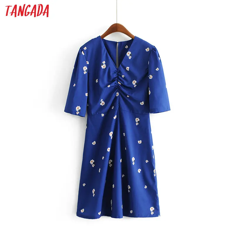 

Tangada women french dresses flower print blue dress puff short sleeve v neck cute 2019 female mini dresses vestidos female AH47