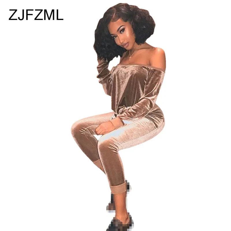 ZJFZML Good Quality Off Shoulder Velvet Jumpsuit Women Sexy Slash Neck Full Sleeve Bodycon Overalls Winter Thick Rompers 