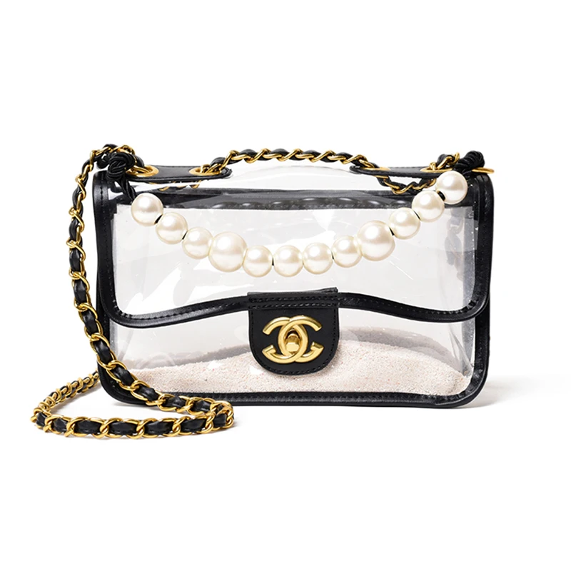 

2019 Designer Transparent Bag Purses Famous Brands Crossbody Bags for Women Clear Bag Shoulder Bags PVC Chains Pearl Letter Flap