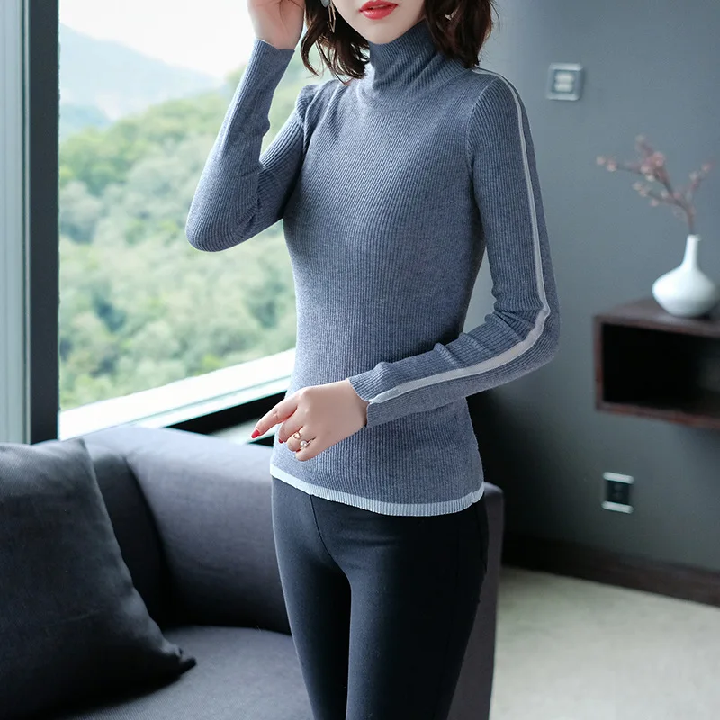 

Solid elastic knit turtleneck slim basic sweater 2018 new long sleeve women autumn pullover sweater shirts
