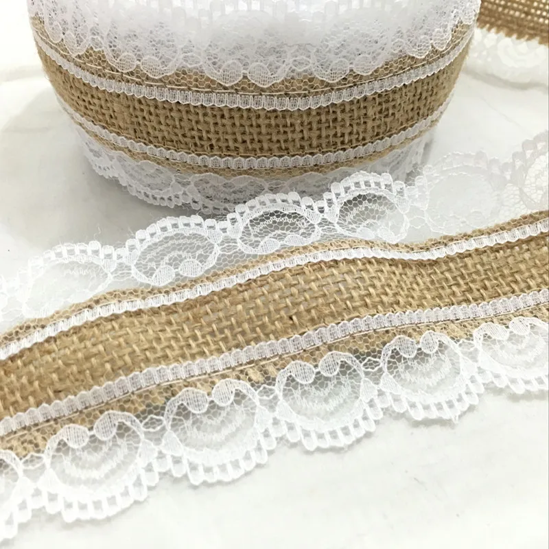 

10m Natural Jute Burlap Hessian Lace Ribbon Roll+White Lace Vintage Wedding Decoration Party Christmas Decorative AA8078