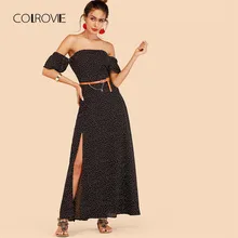 COLROVIE черный с открытыми плечами платье в горошек с поясом 2018 новый летний отпуск сексуальное платье макси Разделение Пляж Линия женское платье