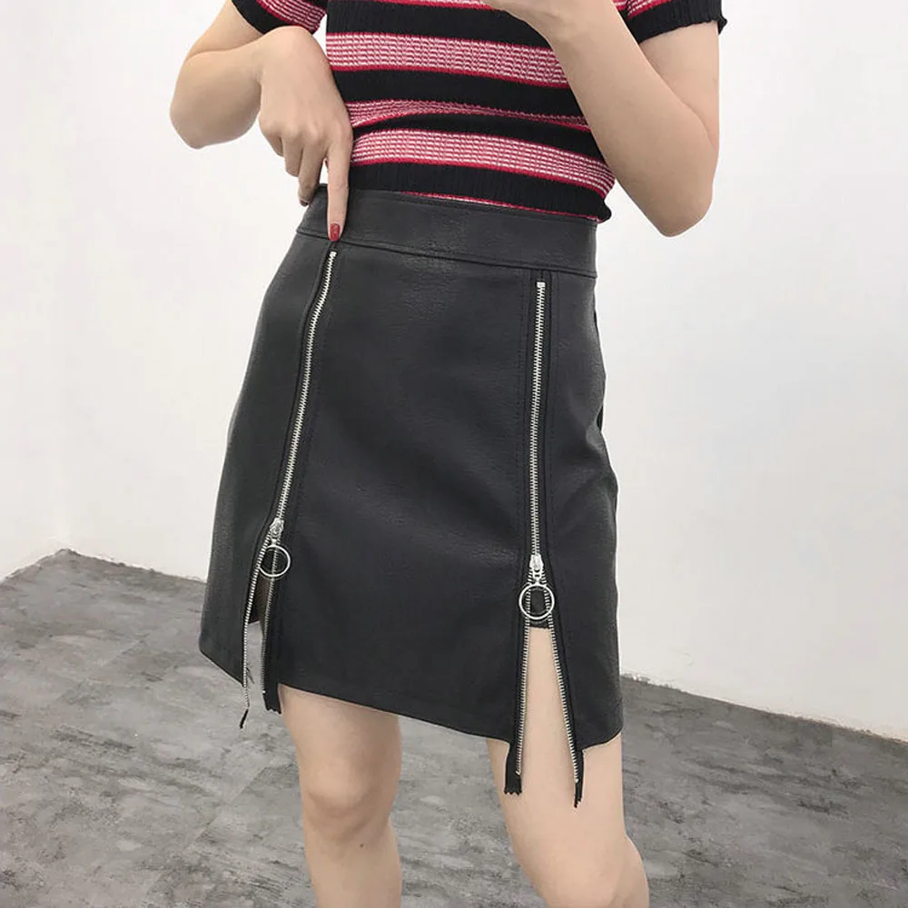 

2018 Autumn Winter Women Short Skirt PU Leather Sexy Mini Skirt With Double Zipper A-line Slit Hem High Waist Women Clothings
