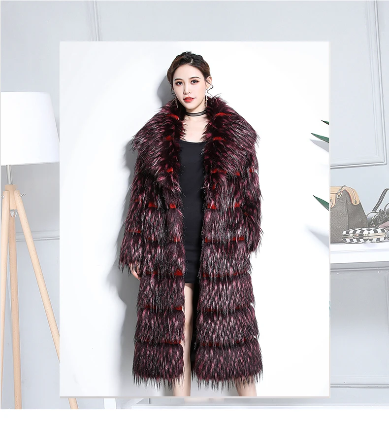 Nerazzurri, зимнее длинное пальто из искусственного меха, женское, толстое, теплое, из кусков, размера плюс, в полоску, лохматый мех, искусственный мех, красная лисица, куртка, 5xl, 6xl