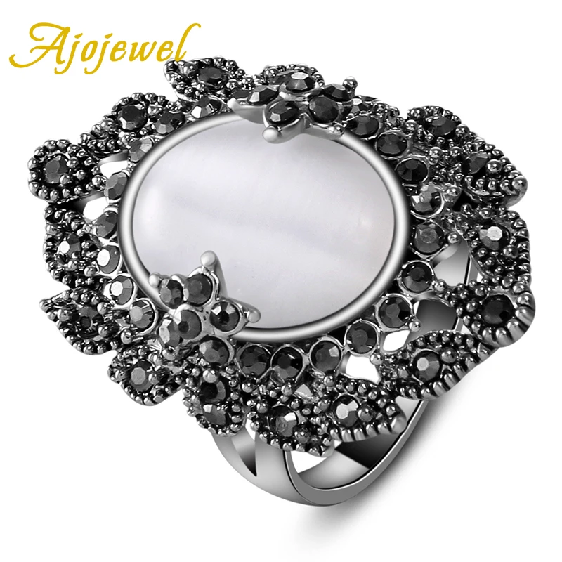 

Ajojewel SIZE 7-9 Fashion Ladies Jewelry Elegant Women's Palace Retro Black CZ White Opal Ring