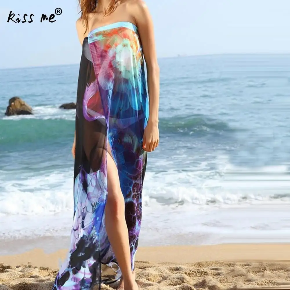 

Long Printed Dress Beach Cover Up Dress Beach Tunic Pareos Swimwear Women 2018 Bikini Cover Up Chiffon Swimsuit Cover Up Praia
