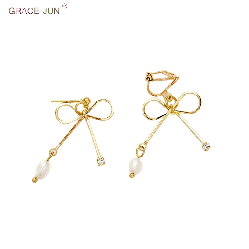 

GRACE JUN Hollow-out Bow-knot Shape Clip on Earrings and Gold Color Freshwater Pearl Pierced Earrings Korea Style Charm Earrings
