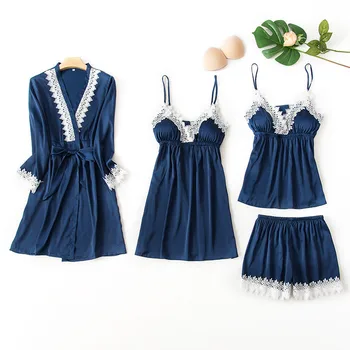 

Long sleeve Womens Pajamas Sexy Lace Lingerie Nightwear Underwear Babydoll Sleepwear 4PC Suit Pajama Sets For Women Pijama Mujer