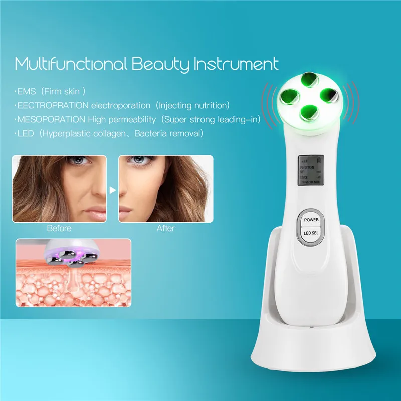 Baratos 5 colores LED fotón rejuvenecimiento de la piel RF Dispositivo de belleza máquina eliminar acné arrugas piel apretar blanqueamiento reafirmante cara Lifting