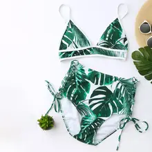Женский сексуальный комплект из двух предметов с глубоким v-образным вырезом, треугольный бюстгальтер в богемном стиле с зелеными тропическими листьями, купальник с высокой талией, перекрещивающиеся по бокам стринги