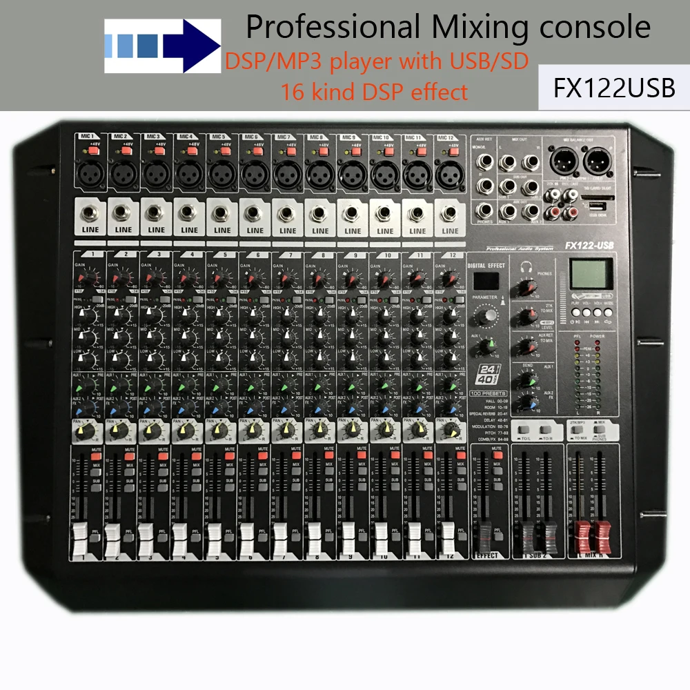 

Audio console with processor FX122-USB 12-channel built in DSP/MP3 player with USB/SD dj equipment audio equipment In amplifier