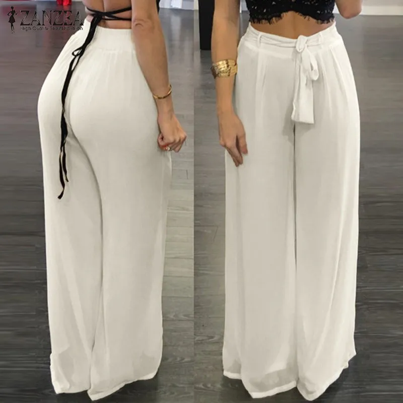 

ZANZEA Women Chiffon Wide Leg Pants 2019 Summer Autumn Casual Loose Elastic High Waist Bow Solid Oversized Trousers Pant