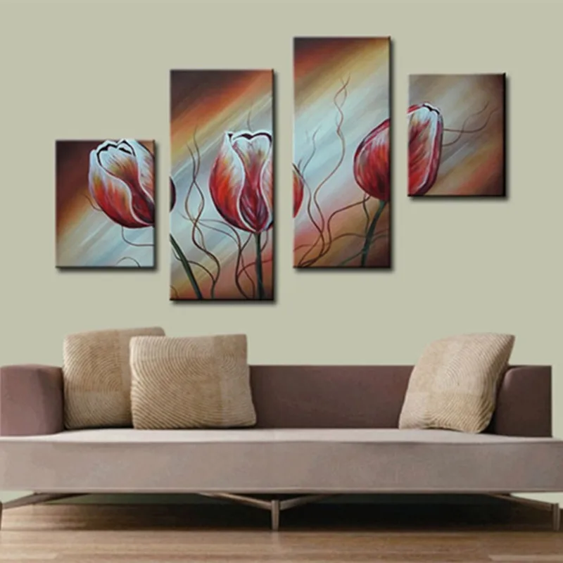 

Large 4 Panel Canvas Pictures Handmade Floral Paintings Sets Hand-painted Abstract Tulip Flower Oil Painting Home Decor Wall Art
