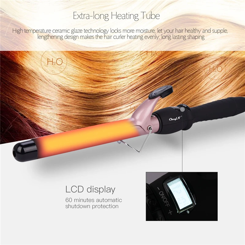 

Temperature Setting Electric Ceramic Hair Curler Long Curling Tong Wand 13-38mm Professional Hair Curling Iron LCD Screen