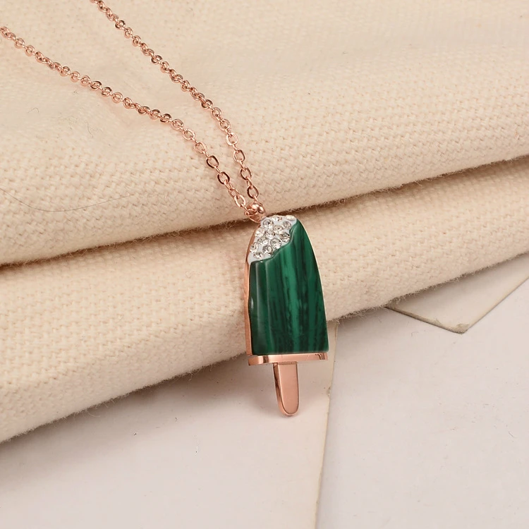 

Rose Gold Color Titanium Steel Crystal Green Stone Ice Lolly Natural Mother Shell Pearl Ice Cream Pendant Necklace