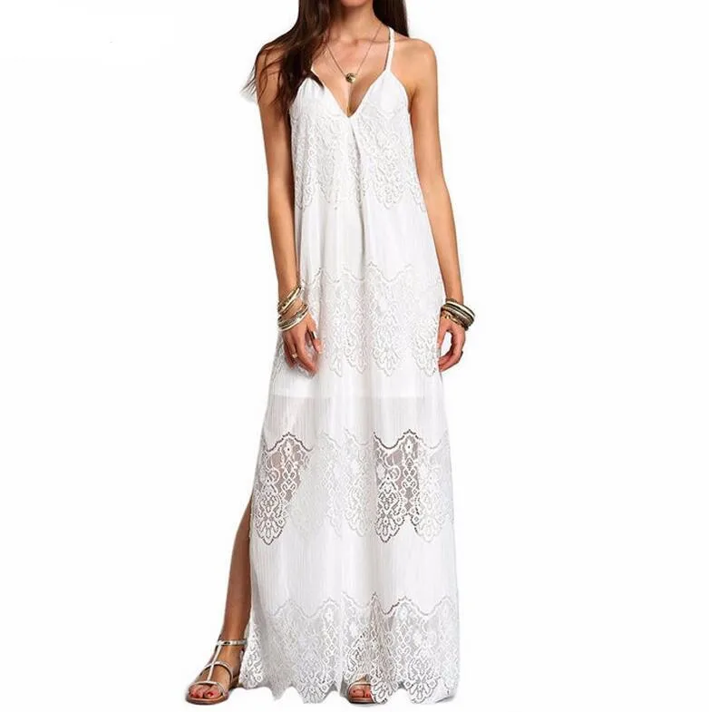 Plus size S/5XL Summer Ladies long dress Women backless vestidos Sexy white black split Sleeveless V Neck beach dress AB054 long-white-lace-dress