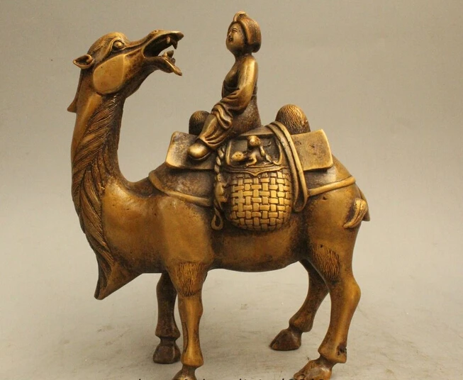 

wholesale factory 8" Old Chinese Bronze Belle Girl Ride camel ship of the desert Statue Sculpture