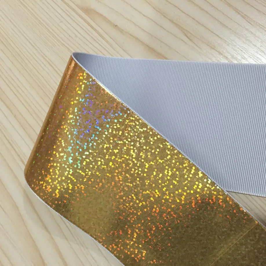

3" 75MM Gold aser foil/holograph Grosgrain Ribbon by the Yards (top quality)