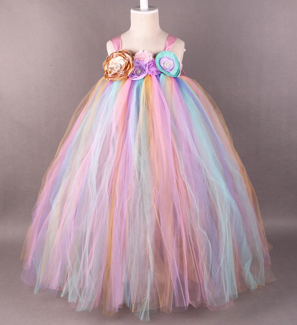 Rainbow Flower Girl Tutu Dress Princess Children Girls Tulle Party Dresses Boutique Kids Girls Pageant Wedding Ball Gown Dress