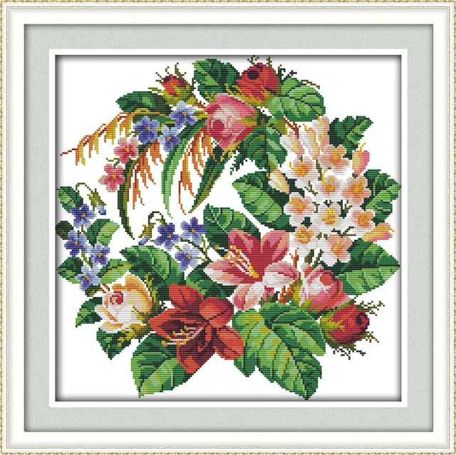 Wreath (3) cross stitch kit flowers DMC color thread 14ct 11ct count