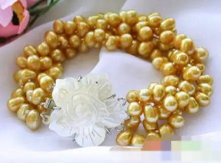 

Hot selling>@@ 3742 4ROW yellow RICE FRESHWATER CULTURED PEARL BRACELET -Bride jewelry free shipping