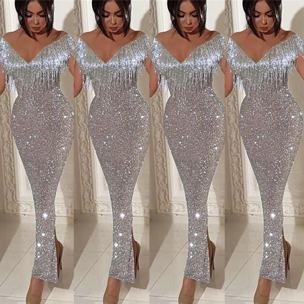 

Sexy Womens Off Shoulder Party Dress Sleeveless Tassel Sequined Bling Dress Party Celeb Long Bodycon Dress