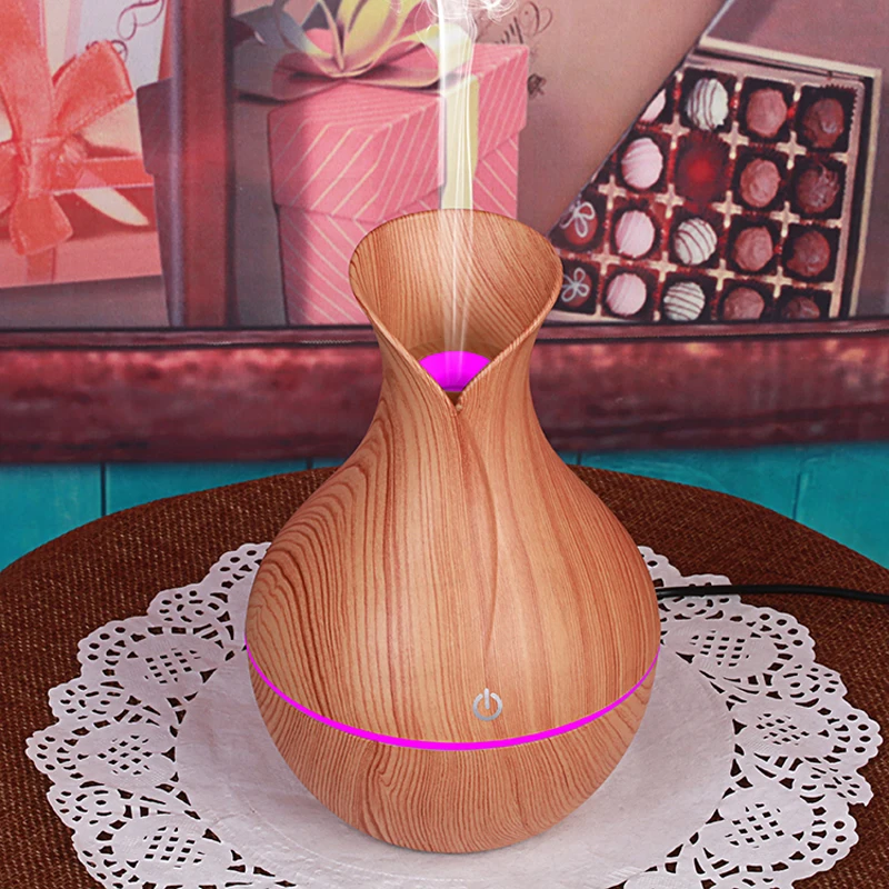 

130ml Vintage Vase Wood with Led Ultrasonic Aroma Humidifier USB Air Diffuser Cool Mini Mist Maker LED Lights for home office
