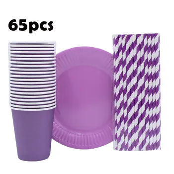 

65pcs Birthday Wedding Decorations Deep Purple Disposable Tableware Cups Plates Paper Straws Party Supplies Baby Shower Favors