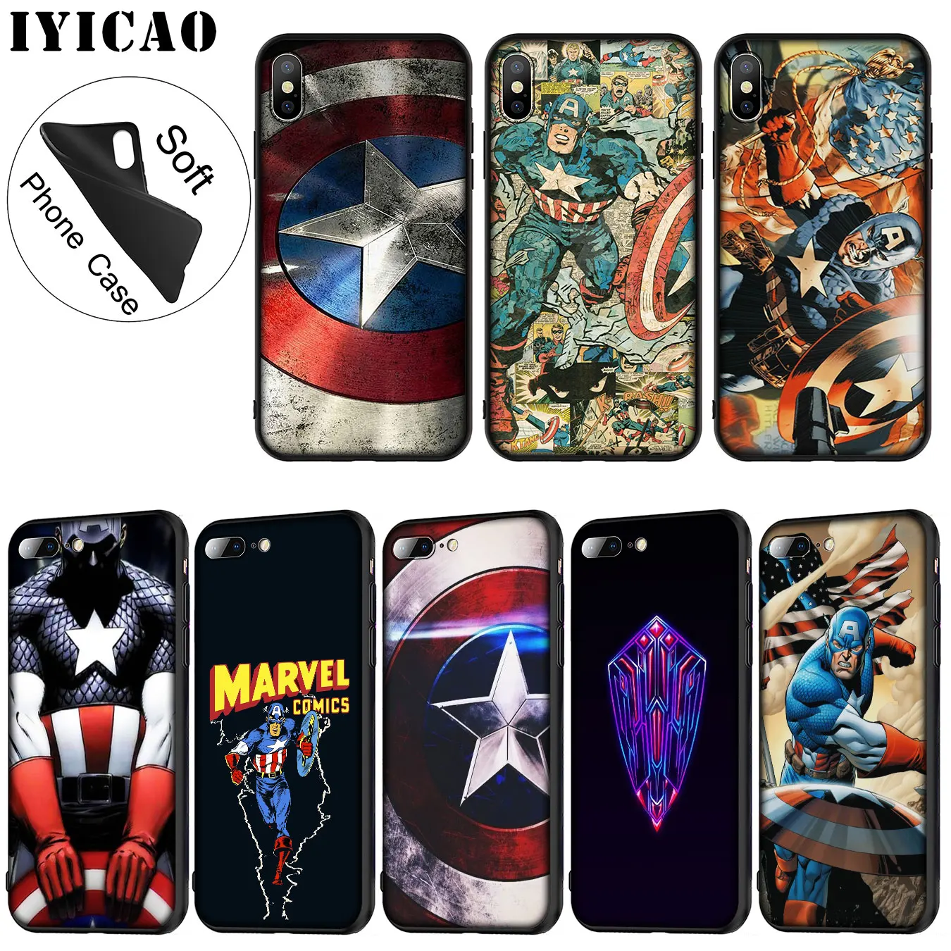 

IYICAO Captain America Marvel Soft Silicone Phone Case for iPhone XR X XS Max 6 6S 7 8 Plus 5 5S SE TPU Black Cover