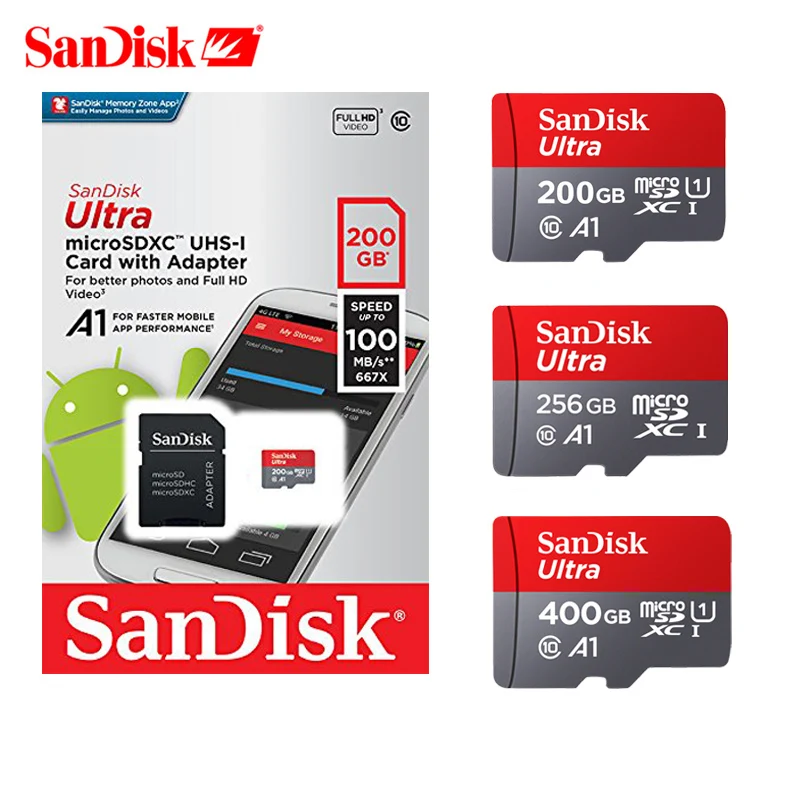 Карта памяти SanDisk A1 Micro SD, 16 ГБ, 32 ГБ, 64 ГБ, 128 ГБ, MicroSD, 100 м/с Uitra C10, TF карта, 200 ГБ, 256 ГБ, 400 ГБ, cartao de memoria