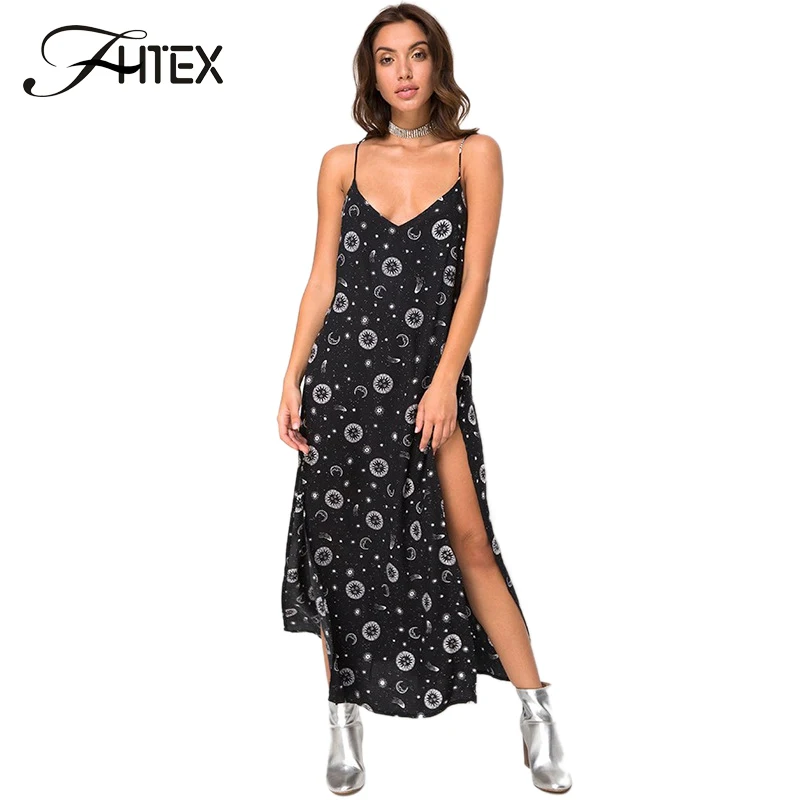 

FHTEX Bohemian V Neck Print Summer Maxi Dress Sexy Backless Cross Side Split Beach Long Dress Women Weekend Casual Dress