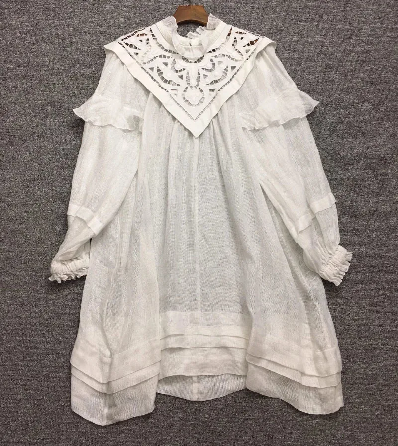 

WHITE Linen Embroidered Dress Ruffles Neck Long Puff Sleeved WITH Ruffles OVERSIZED SHORT DRESS WOMAN