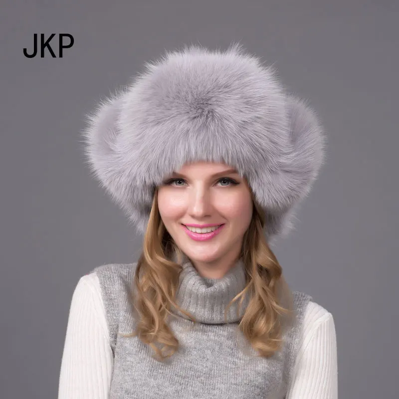 

JKP 2018 Hot New Russian Fashion Style 100% Fox Fur Hat With Women warm Winter fashion ball Cap HJL-05