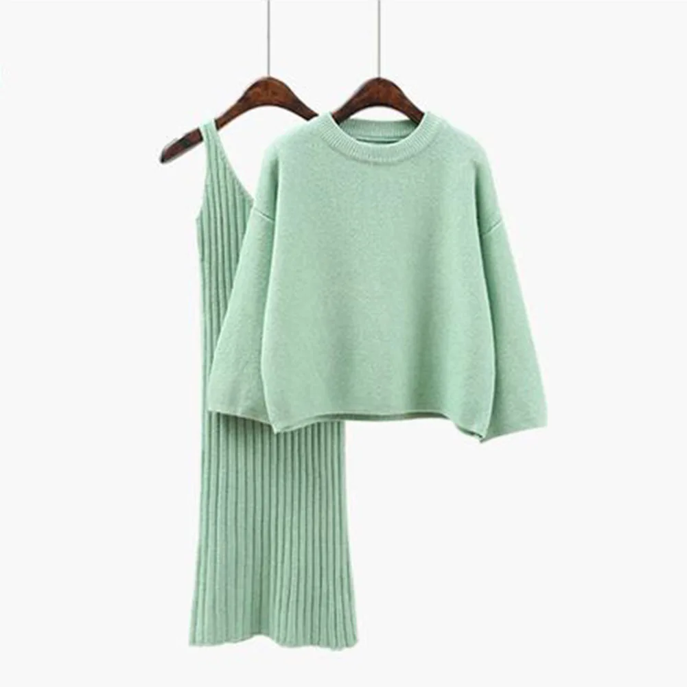 

2Pcs Women'S Knit Suits Dress Pullover Flare Sleeve O-Neck 2018 New Fashion Chic Soft Long Sleeve Winter Warm Sweaters Dress