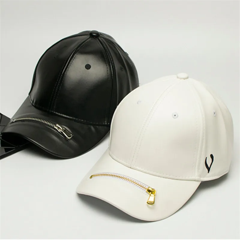 New Unisex Baseball Caps Women PU Leather Hats Zipper Snapback Hats Men Cool Holiday Sunhats