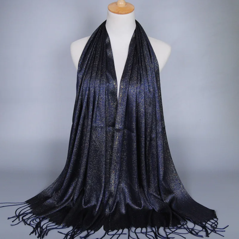Модный Шелковый шарф из Балийской пряжи, женские шарфы с золотой нитью и кисточками, Осенний хиджаб из золотой проволоки,, Прямая поставка